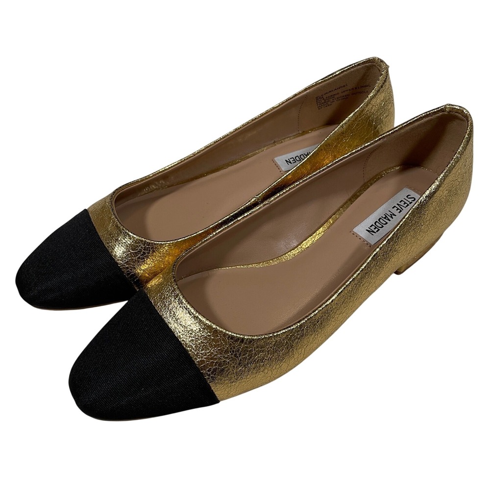 Steve Madden Blair Cap Toe Ballet Flat Gold Metallic Black Round Toe 9